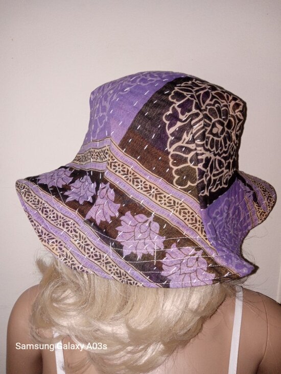 Kantha Sun Hat Purple Black M-L Reversible Handmade Cotton Boho Beach KS12. main image 5